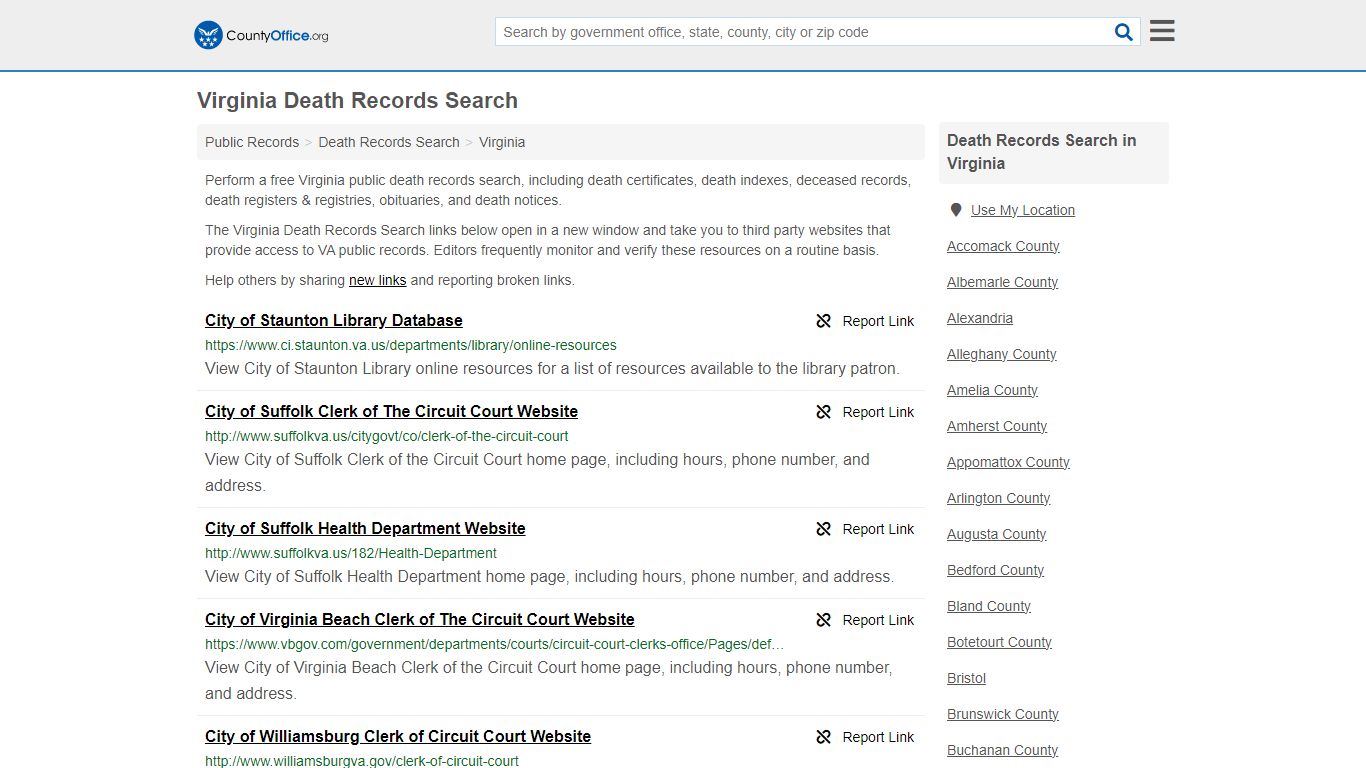 Virginia Death Records Search - County Office